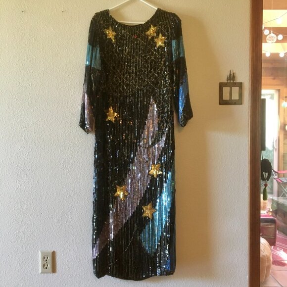 VTG 80s Black Sequins Dress Maxi Dress Gold Stars Blue Pink Lightning Bolt Sz 6 - Picture 8 of 16